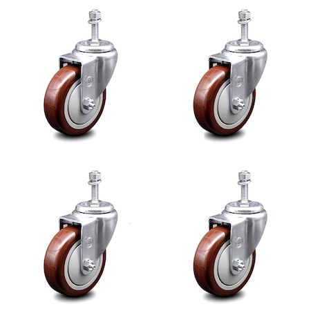 Service Caster 4 Inch Maroon Polyurethane Wheel Swivel 3/8 Inch Threaded Stem Caster Set SCC SCC-TS20S414-PPUB-MRN-381615-4
